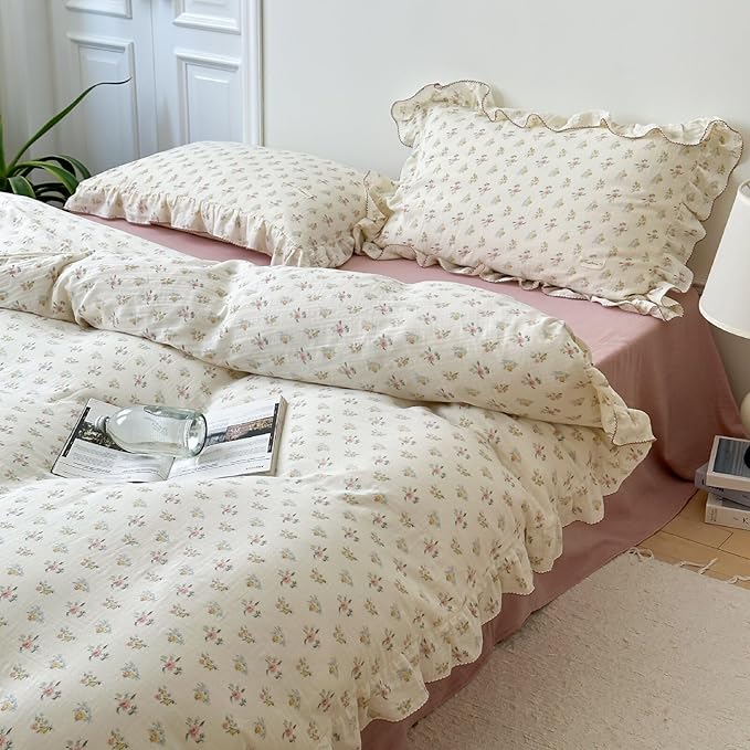 BuLuTu 100% Cotton Muslin Duvet Cover Twin for Kids Girls Boys, Shabby Chic Azalea Floral Duvet Covers Vintage Farmhouse Comforter/Quilt Cover with Ruffles, 68"x86", Zipper Closure, No Pillow