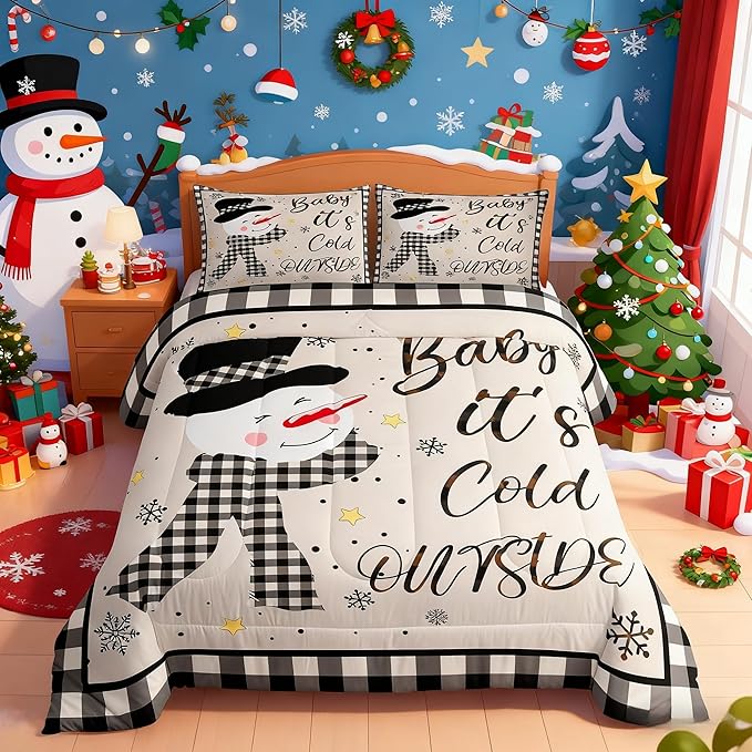Kids Christmas Snowman Comforter Set Twin Size,Snowflake Winter Bedding,Girls Boys Adults Bedroom/Xmas Cabin Decor,Geometric Grids Lattice Down Comforter,Rustic Vintage Duvet Insert,1 Pillowcase