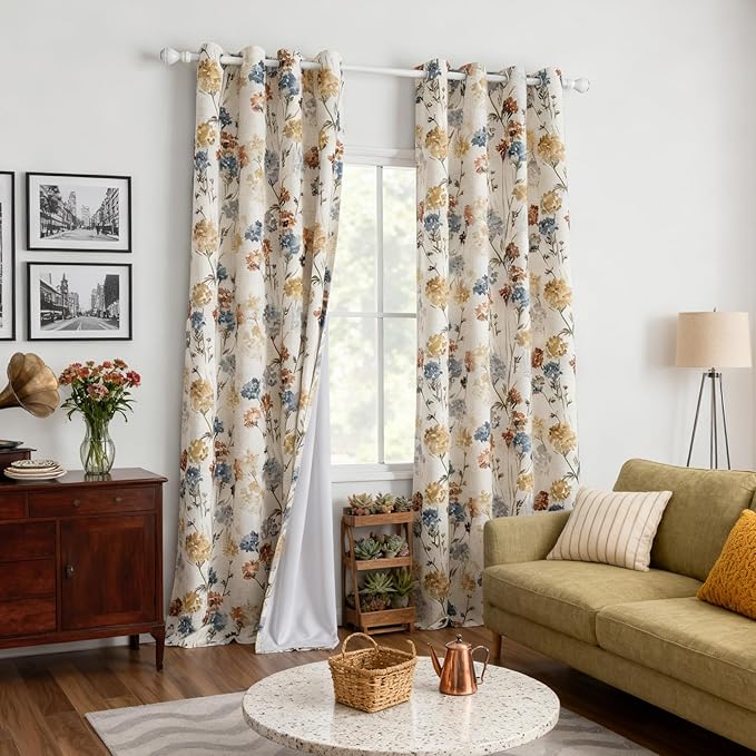 MYSKY HOME Floral Linen 100% Blackout Curtains 95 Inches Long 2 Panels for Living Room Bedroom Double Layer Thermal Insulated Farmhouse Flower Patterned Grommet Window Treatments, Yellow, 52" W Each