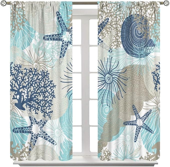 Shell Blackout Curtains Beach Shells Marine Life Water Grass Pattern Printed Curtains Suitable for Living Room Bedroom Privacy Curtains 72x63 Inches