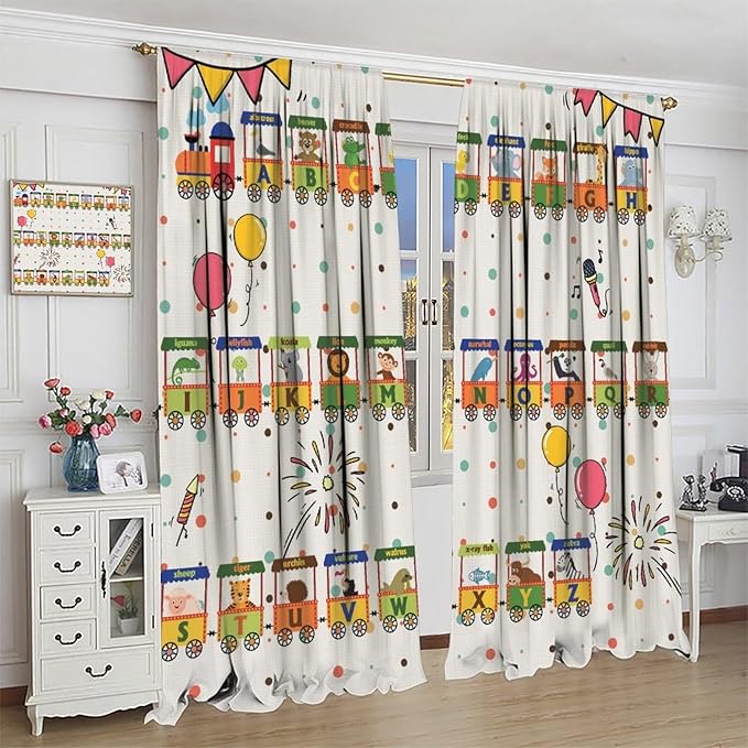 Alphabet Train Kids Curtain Animals Alphabet Children Teens Early Learning Printed Rod Pocket Window Treatments for Classroom Bedroom Nursery Playroom Decor 42" W X 45" L