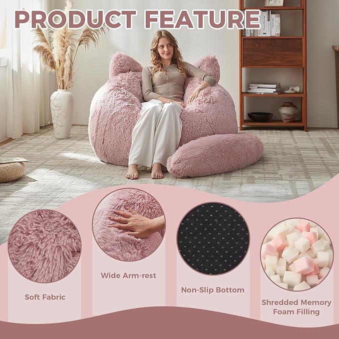 Bean Bag Chair for Adults Teen,Giant Bean Bag Chairs Cat Design,Plush Faux Fur Beanbag Couch Comfy Accent Floor Sofa for Reading, Playing, Relaxing in Living Room, Bedroom