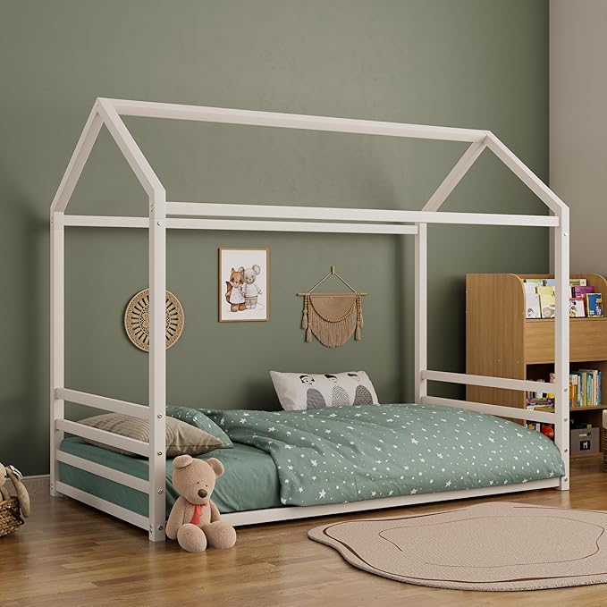 Harper & Bright Designs Full Size Montessori Floor Bed for Children, Metal House Bed Frame with Roof and Fence, Kids Floor Bed Frame for Boys Girls, Easy Assemble, No Slats,White