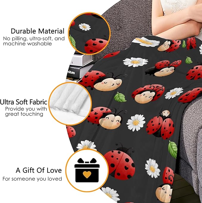 Thuswarm Cute Watercolor Ladybugs Grey Flannel Throw Blanket Warm Cozy Soft Funny Print Blankets for Bed Couch Sofa Room Decoration Gifts 40”×30” XSmall for Pets