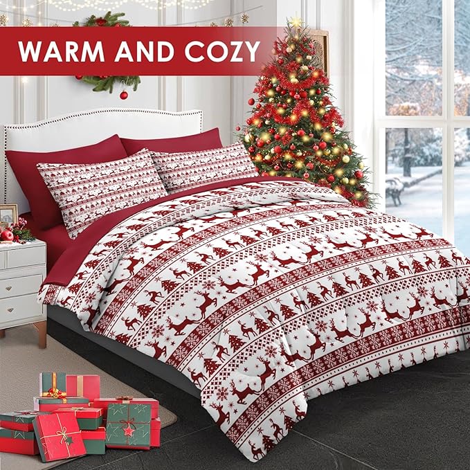 7 Pcs Queen Size Christmas Comforter Set with 2 Pillowcases & 2 Shams, Red Winter Funny Reindeer Bedding for Kids and Adults, Pine Tree Snowflake Bed in a Bag with Flat Fitted Sheet