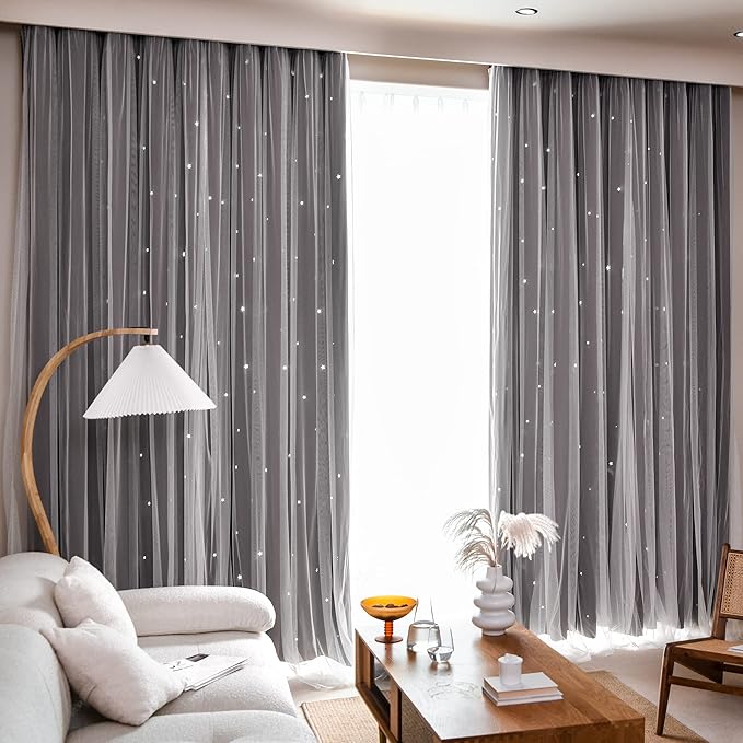 Kinryb Kids Blackout Curtains for Bedroom/Living Room/Classroom, Sheer Overlay 2 Free Tiebacks, Double Layer Curtains with Star Cutout for Kids Room(Each Piece W 70 x L 84 Inches 2 Pcs Chocolate)