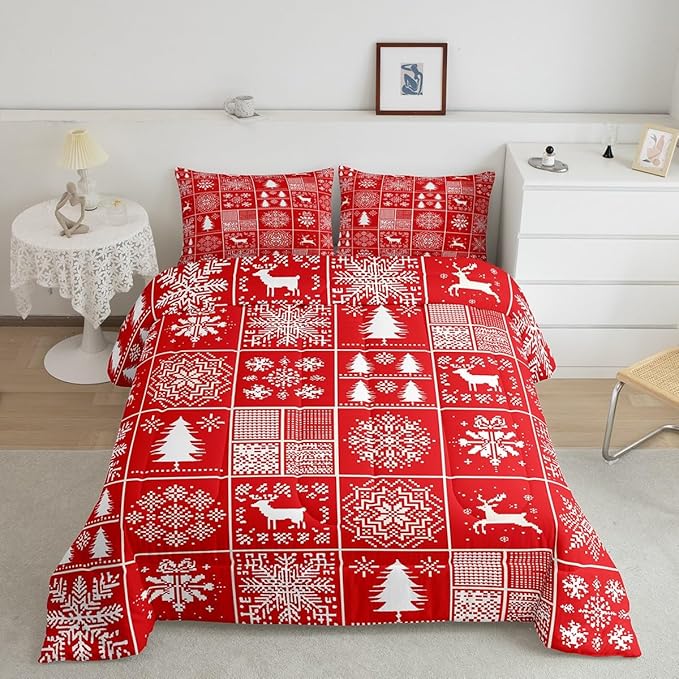 Kids Merry Christmas Comforter Set Twin Size,Deer Snowflake Pines Silhouette Bedding,Girls Boys Adults Bedroom/Xmas Cabin Decor,Geometric Lattice Down Comforter,Red Bright Duvet Insert,1 Pillowcase