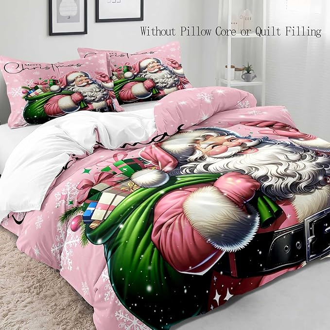 LUVIVIHOME 2PCS Pink Santa Claus Duvet Cover Twin, Christmas Bedding Sets, Pink Duvet Cover, Kids Girls Bedding, Snowflake Holiday Xmas Gifts Christmas Comforter Bedspread Quilt Cover, 1 Pillow Sham