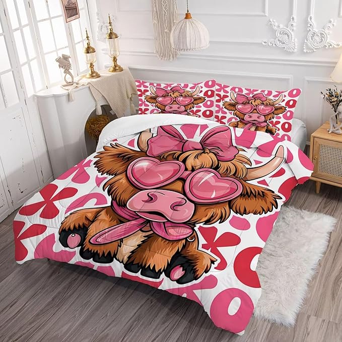 kxry Cute Cattle Comforter Set King Size Cartoon Calf Animal Bedding Sets for Girls Teens Kids Funny Animal Soft Microfiber Lightweight Comforter Set with 1 Comforter + 2 Pillow Cases
