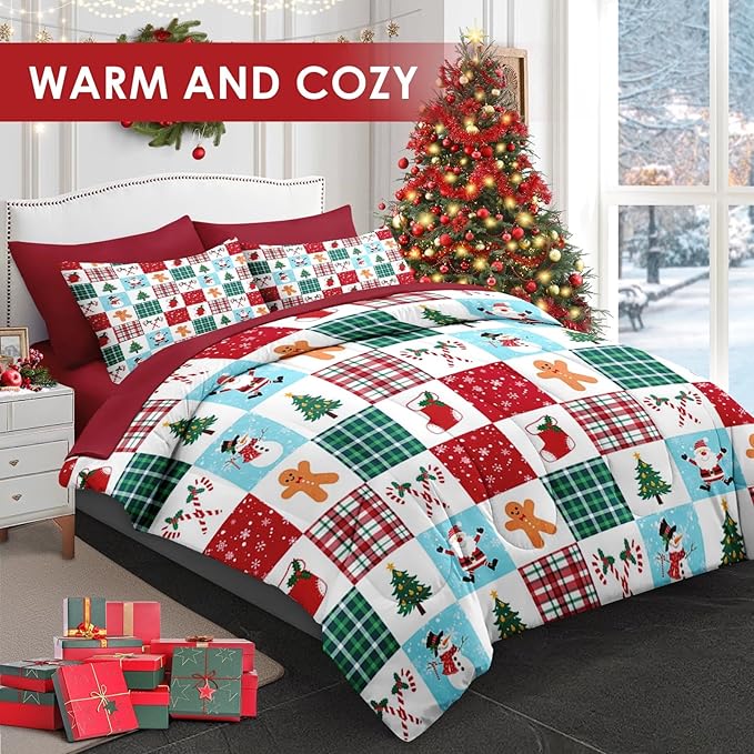 7 Pcs Queen Size Christmas Comforter Set with 2 Pillowcases & 2 Shams, Colorful Plaid Snowman Bedding for Kids and Adults, Cute Gingerbread Man Bed in a Bag with Flat Fitted Sheet