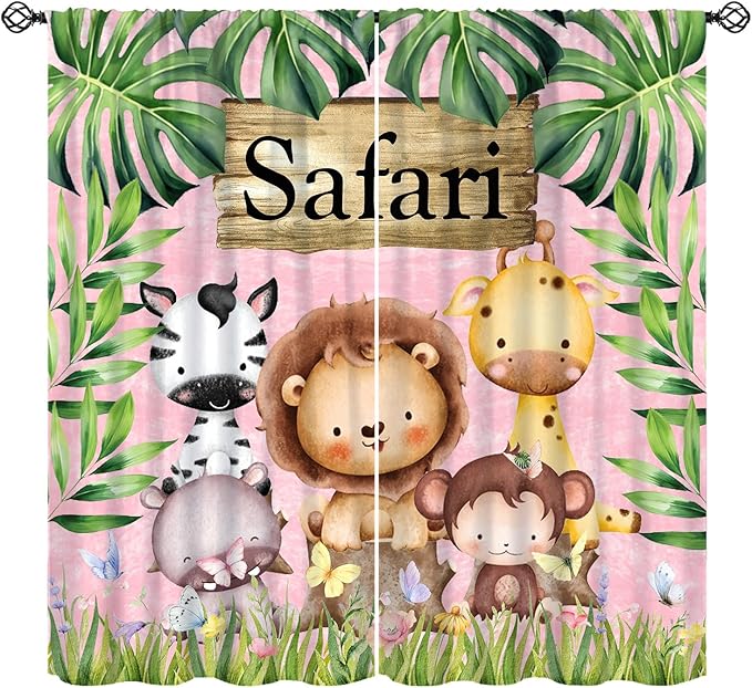 Kids Safari Animals Curtains, Cartoon Wildlife Tropical Leaf Pink Blackout Window Treatments, Rod Pocket Thermal Insulated Drapes 2 Panel Sets for Bedroom Nursery Classroom, 42" W X 63" L