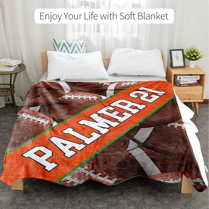 Personalized Football Baby Blanket Gifts: Custom Soft Flannel Fabric Blankets with Name Number for 0-6 Years Kids Boys Girls - Warm and Comfortable(60X80inch)