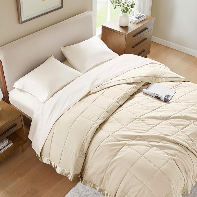 Madison Park Windom Down Alternative Blanket, Premium 3M Scotchgard Moisture Wicking Treatment, Lightweight and Soft Bed Cover For All Season, Satin Trim, Cream Twin