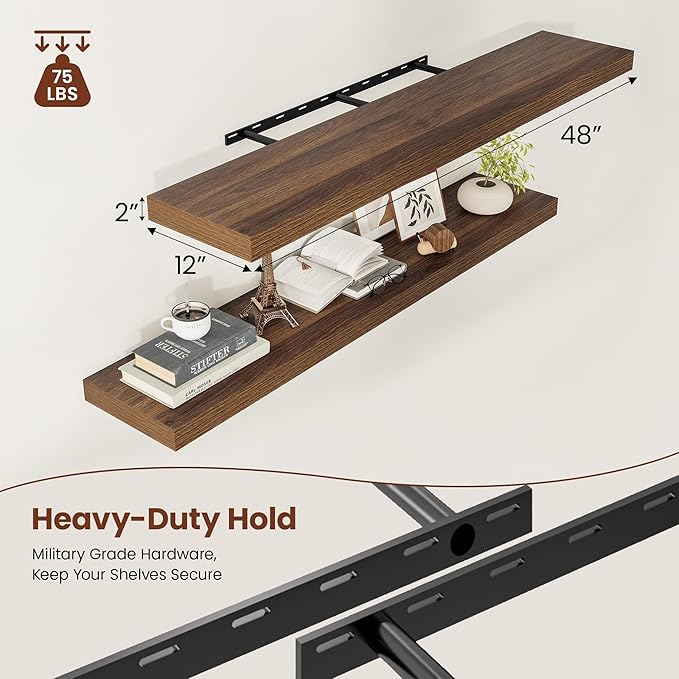 Vivelove Wide Floating Shelves for Wall 12 Inch Deep, 48" X 12" X 2" Floating Shelf, 2 Inch Thick Shelf for Living Room Bathroom Bedroom Kitchen Book Room, Rustic Farmhouse Decor Set of 2, Walnut