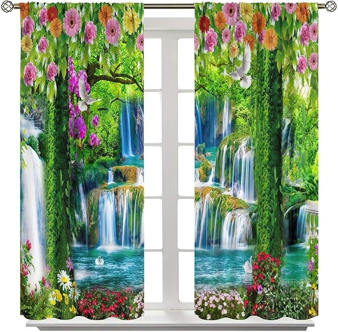 Jungle Nature Blackout Window Curtains, Trees Scenic Waterfall and River Spring Pattern Print Window Drapes, for Living Room Bedroom 63x63in 2 Panels