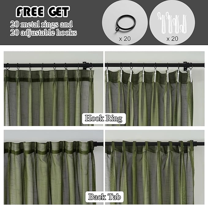 Dark Green Linen Look Pinch Pleated Sheer Curtains 96 Inches Long 2 Panels, 50 Inches Width, Rustic Textured Light Filtering Drapes, Olive Window Curtain with Hooks