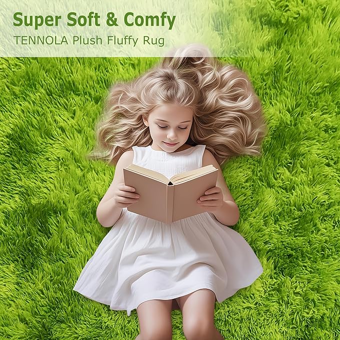 Soft Fluffy Grass Green Area Rug 8x10 for Bedroom Living Room Thick Plush Shaggy Rug Large Green Shag Carpet for Kids Room Dorm Baby Nursery Indoor Decor Aesthetic