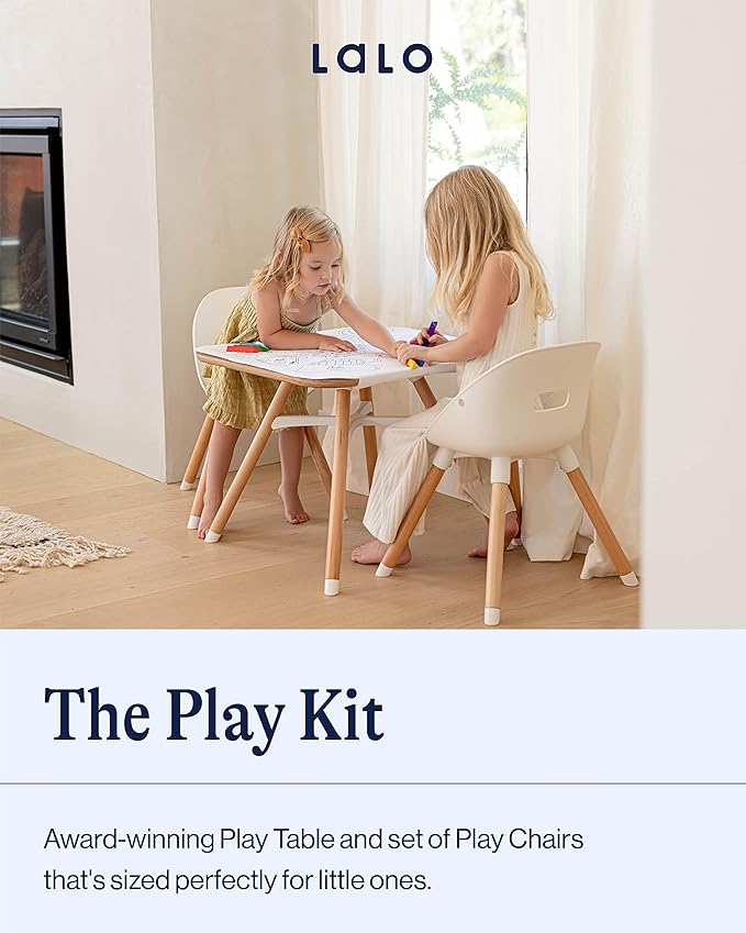 Lalo The Play Kit - Kids Table & Chairs Set with Sustainably Sourced Wood Table & 2 Non-Toxic Bucket Seat Chairs - Safe & Comfortable - Coconut/Licorice