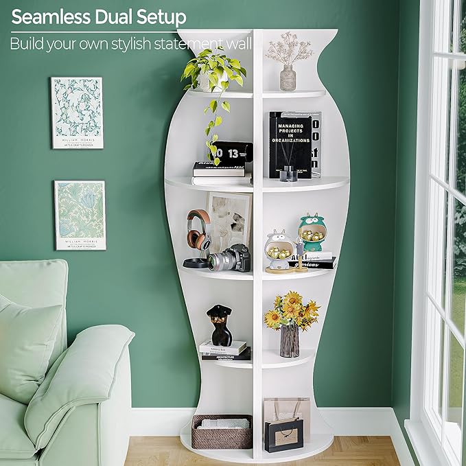 Small Corner Shelf, 5-Tier Vase-Shaped Bookcase Organizer for Living Room Decor, Bedroom, and Office, Modern Freestanding Corner Bookshelf for Storage and Display, Vases Home Decor Accent