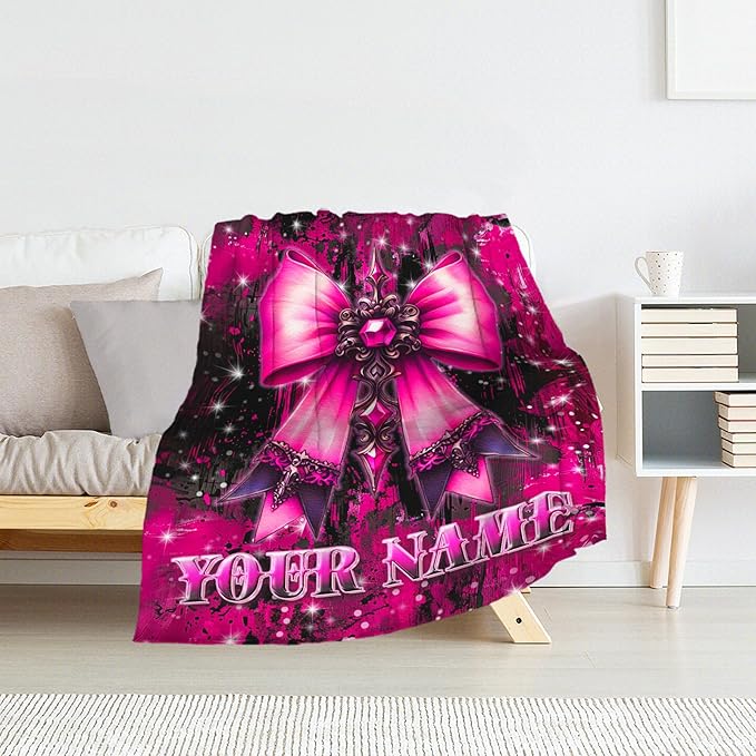 Custom Bow Blanket for Girls - Bow Blankets Gifts for Toddler, Kids - 40" x 50" Cozy Flannel Preppy Throws Stuff for Couch, Travel