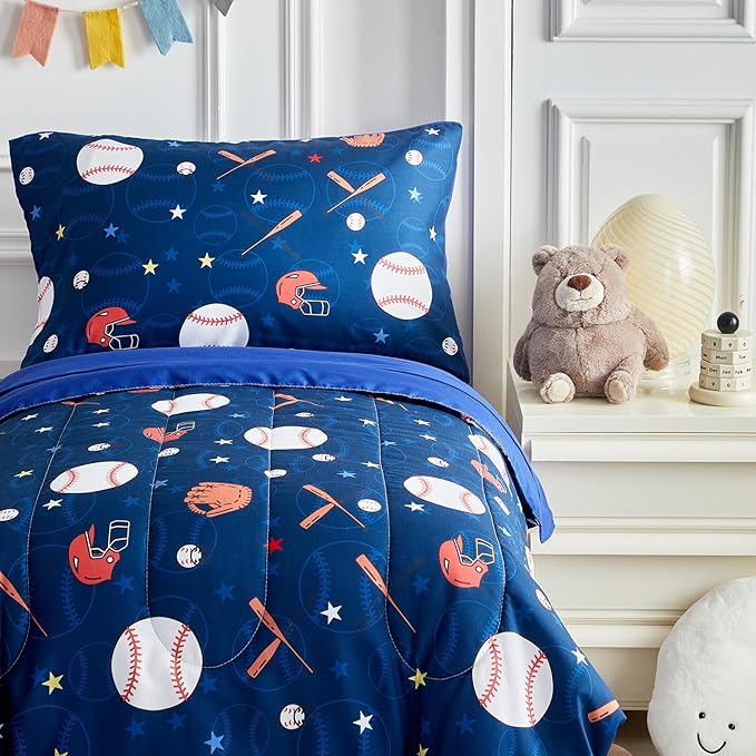 4 Pieces Baseball Toddler Bedding Set for Boys Gilrs Navy Blue White Stars Toddler Bed Set with Baseball Bat Cap Gloves Cute Toddler Bed in a Bag with Navy Blue Sheet Set and Pillow Shams