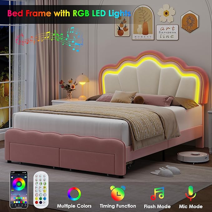 HOSTACK Queen Upholstered LED Bed Frame with Storage Drawers, Cute Girls Bed with Adjustable Lotus Headboard, Velvet Princess Platform Bed Frame, Wooden Slats Support, No Box Spring Needed, Pink/Beige
