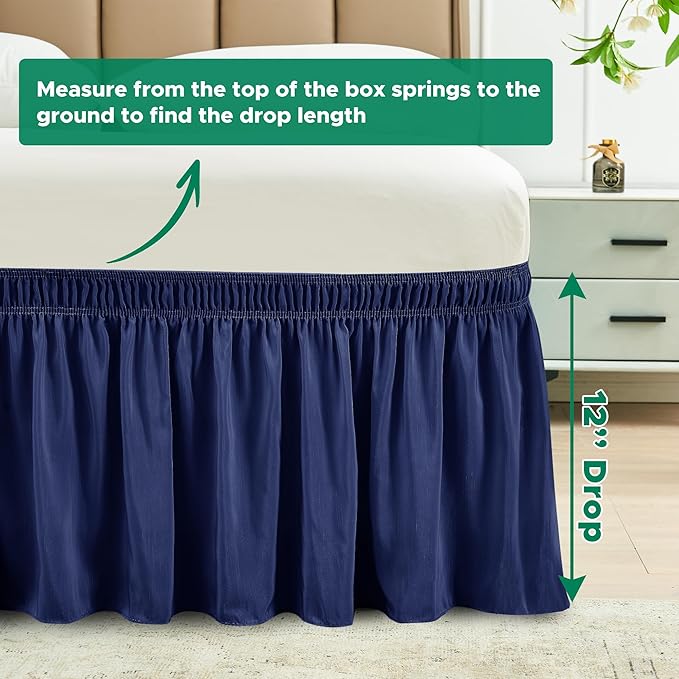 Biscaynebay Wrap Around Bed Skirts for King & Cal King Beds Short Drop of 12", Navy Adjustable Elastic Dust Ruffles Easy Fit Wrinkle Resistant Silky Luxurious Fabric Machine Washable