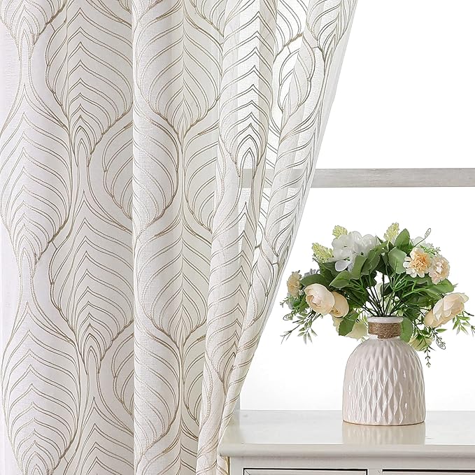 VISIONTEX Sheer Curtains 63 Inch Length 2 Panels Set Taupe Moroccan Embroidery Texture Geometric Rod Pocket Ivory White Voile Tulle Semi Window Treatment Pair for Bedroom Living Room 54 x 63 Inches