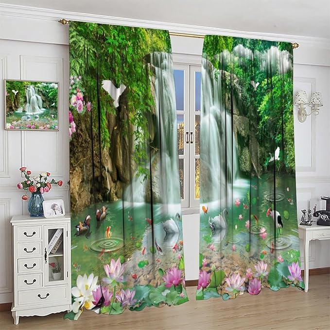 Scenery Waterfall Blackout Curtains, China Country Landscapes Nature Pattern Window Drapes, for Bedroom Living Room 42" W X 45" L