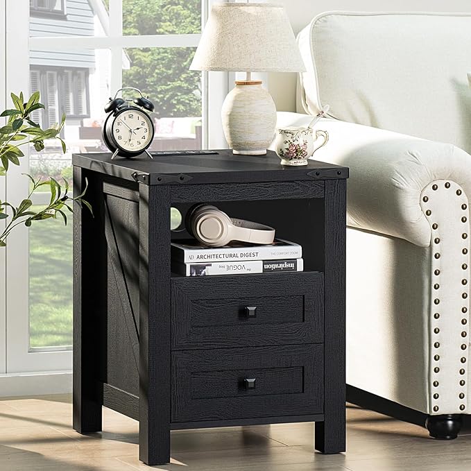 Farmhouse Living Room Sets, Night Stands Set of 2 and 6 Drawers Dresser for Bedroom, 58 Inch Wide Wood Dresser and 18.1" Night Stands with Charging Station for Bedroom, Living Room, Hallway