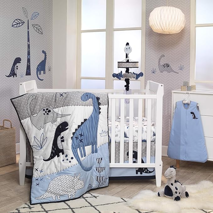 Lambs & Ivy Baby Dino 100% Cotton Blue/White/Gray Dinosaur Fitted Crib Sheet