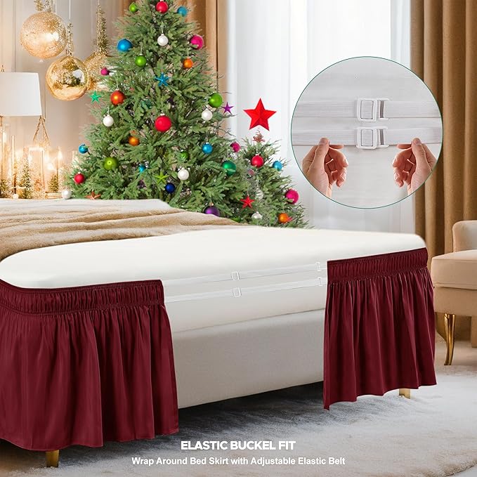 Biscaynebay Wrap Around Bed Skirts for King & Cal King Beds 15" Drop, Burgundy Adjustable Elastic Dust Ruffles Easy Fit Wrinkle & Fade Resistant Silky Luxurious Fabric Machine Washable