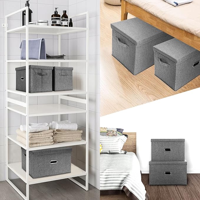 Large Linen Fabric Foldable Storage Bins with Removable Lid and Handles, Washable Storage Box Organizer Containers Baskets Cube with Cover for Bedroom,Office(Black, Extra Large)