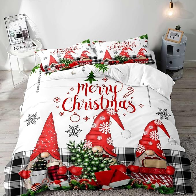 LUVIVIHOME 3PCS Christmas Gnome Duvet Cover King, Christmas Bedding, White Duvet Cover, Holiday New Year Xmas Santa Swedish Tomte Snowflake Red Black Buffalo Plaid Comforter Quilt Cover 2 Pillow Shams