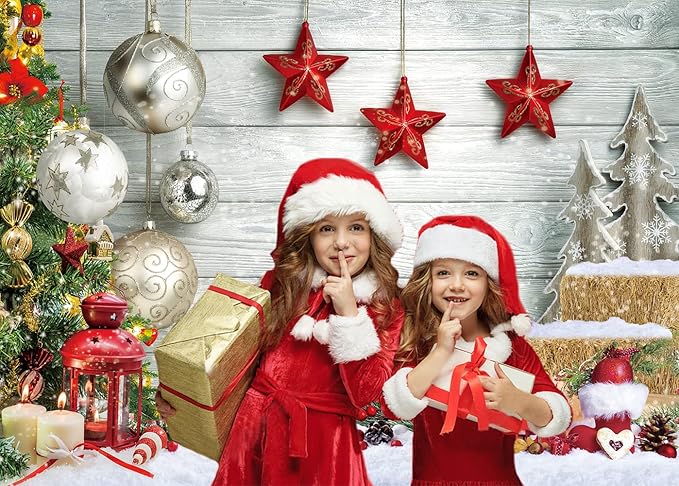 CYLYH 7X5FT Christmas Backdrop White Wood Floor Photography Backdrop Winter Snow Christmas Balls Xmas Tree Gift Family Party Photo Background New Year Party Banner Backdrop