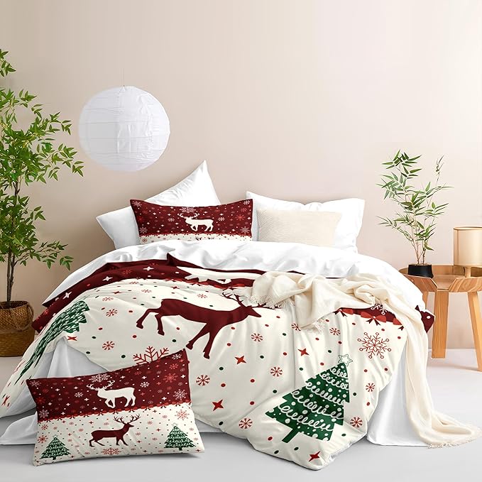 Christmas Duvet Cover Twin Size Red Bow Deer Bedding Set 2 Pieces Kids Boys Girls Xmas Christmas Tree Comforter Cover with Zipper Closure and 1 Pillowcase (No Comforter)