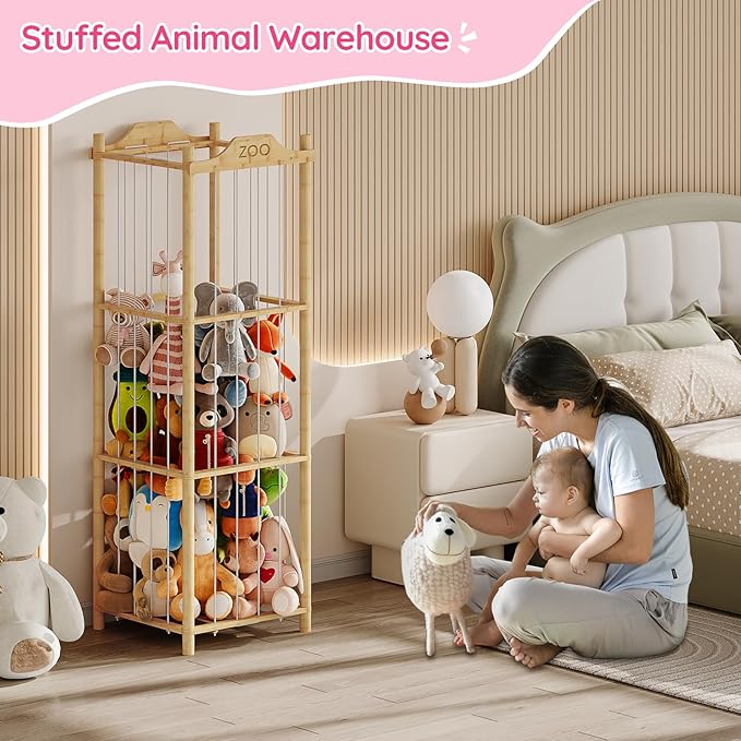 HOOBRO Stuffed Animal Storage & Organizer, Bamboo Stuffed Animal Holder, Plush Toy Storage Organizer for Playroom, Living Room, Nursery, Natural YL65CW01