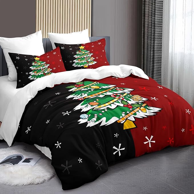 Christmas Duvet Cover Queen Size Black Red Christmas Tree Bedding Set 3 Pcs Kids Boys Girls Xmas Couple Holiday Comforter Cover with Zipper Closure