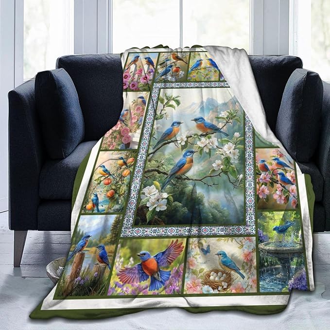 Blue Hummingbirds Blanket Moutain Flowers Bird Throw Blankets Gifts for Girls Boys Women Cozy Warm Soft Fuzzy Flannel Throw Plush Stuffed Animal Fleece Gifts for Kids Men Women for Sofa Bed 50" x40"
