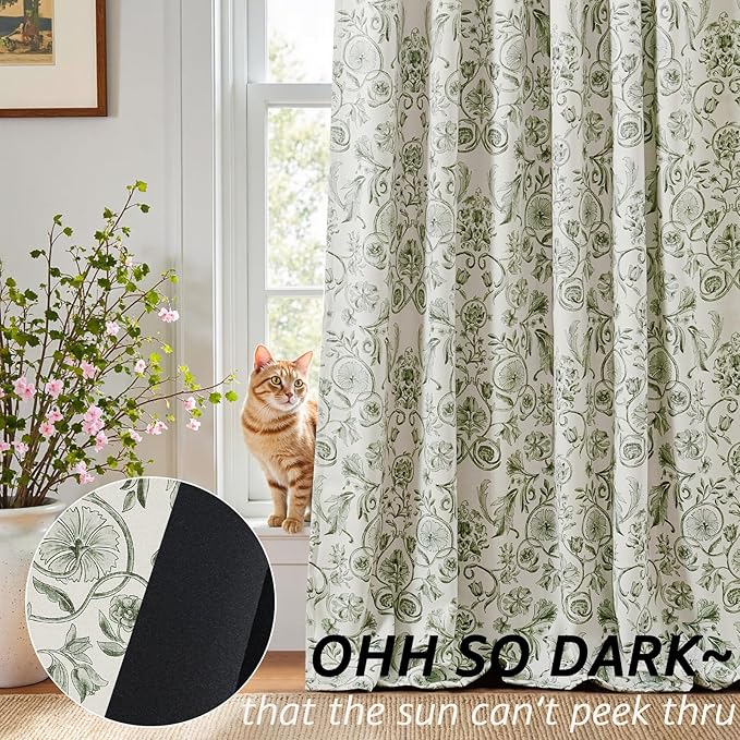 jinchan Floral Blackout Curtains for Bedroom Living Room 96 Inches Length Farmhouse Curtains Room Darkening Vintage Drapes Traditional Rod Pocket Window Treatment 2 Panels Set Sage Green on Beige