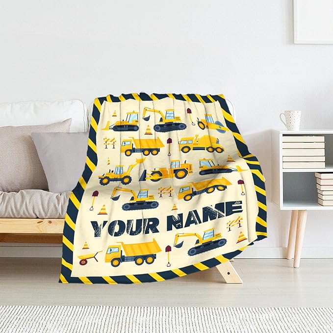 Personalized Construction Throw Blanket for Boys - 60" x 80" Inches Construction Throws Gift - Yellow Lightweight Fuzzy Blanket for Bed, Couch, Travel