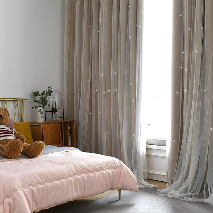 Kinryb Kids Blackout Curtains for Bedroom/Living Room/Classroom, Sheer Overlay 2 Panel Set, Double Layer Curtains with Star Cutout for Kids Room(Each Piece W 70 x L 95 Inches 2 Pcs Beige)