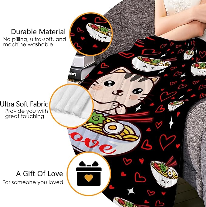 Thuswarm Kawaii Ramen Cat Red Heart Love Flannel Throw Blanket Warm Cozy Soft Funny Print Blankets for Bed Couch Sofa Room Decoration Gifts 80"×60" Large for Adult