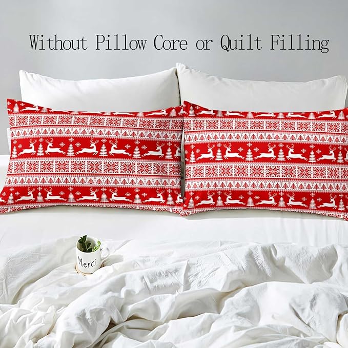 LUVIVIHOME 2PCS Christmas Duvet Cover Twin Bedding Sets, Red Duvet Cover, White Reindeer Snowflake Christmas Tree Winter Holiday New Year Xmas Striped Christmas Comforter Quilt Cover, 1 Pillow Sham