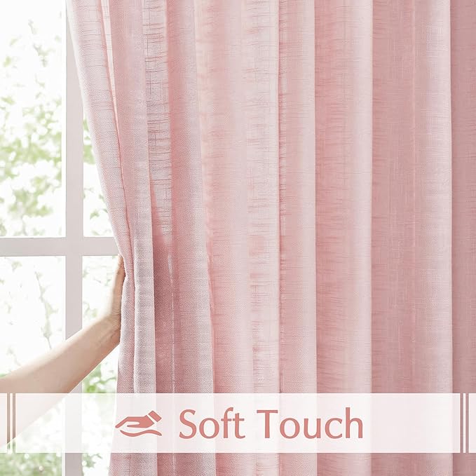 FMFUNCTEX Linen Semi Sheer Curtains for Bedroom, Blush Pink Curtains 63 Inch Length for Living Room, Country Farmhouse Sheer Drapes, Light Filtering Window Curtain, Grommet Top 2 Panels