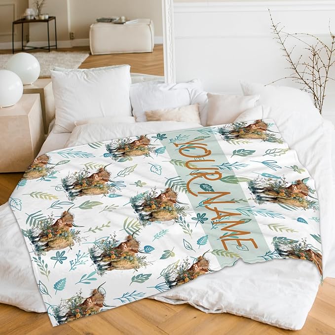 Personalized Blanket Gifts for Women Girls - 60x50 Inches Cute Highland Cow Throw Blanket for Kids Teens Adults - Soft Flannel Vintage Blankets for Bed Couch Travel