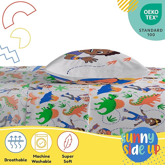 Sunny Side Up Kids Sheet Set Includes Sheets and Pillow Cover - 100% Microfiber Bedding and Room Decor, Gray - Blippi, 3 Piece Twin