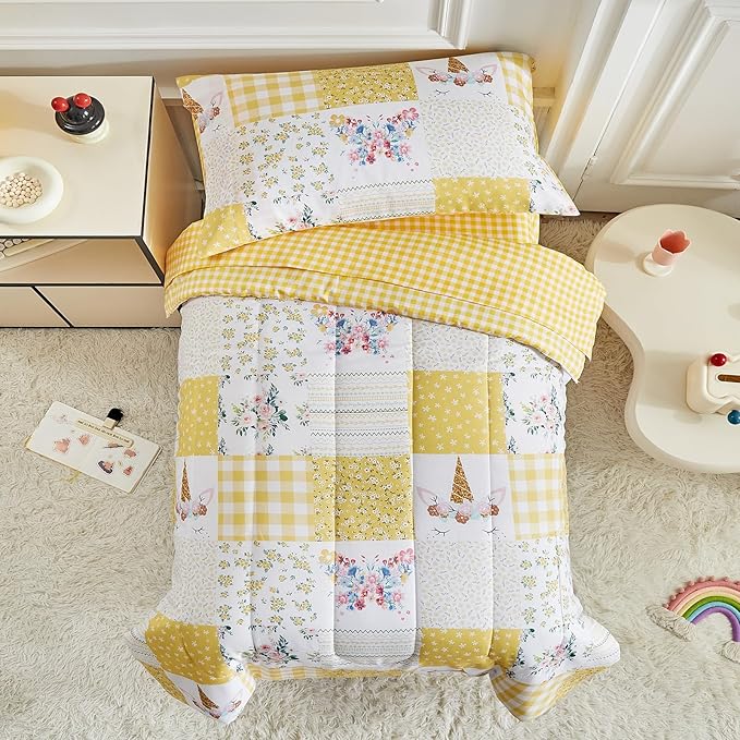 Joyreap 4 Piece Toddler Bedding Set for Girls- Butterflies Flowers Yellow n White Patchwork Design, Microfiber Toddler Bedding Comforter Set for All Seasons