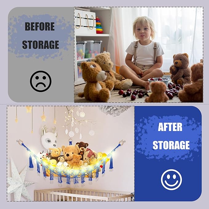 Stuffed Animal Hammock with LED Light, Toy Hammock for Stuffed Animals Storage for Kids Room Decor, Stuffed Animal Hammock Corner, Royal Blue
