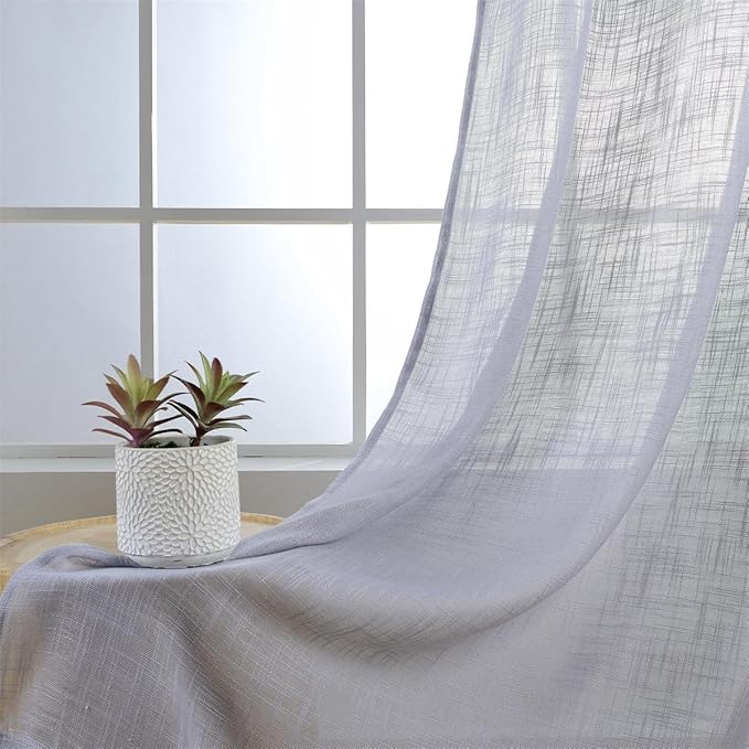 MIUCO Semi Sheer Curtains Poly Linen Textured Solid Grommet Curtains 63 Inches Long for Living Room 2 Panels (2 x 37 Wide x 63" Long) Silver